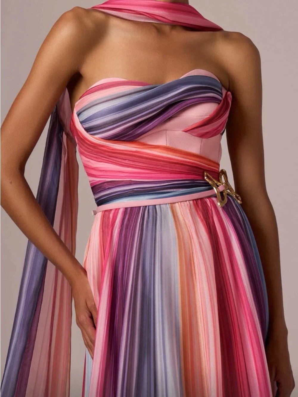 MNM Couture Strapless Multicolor Pink Purple Evening Gown